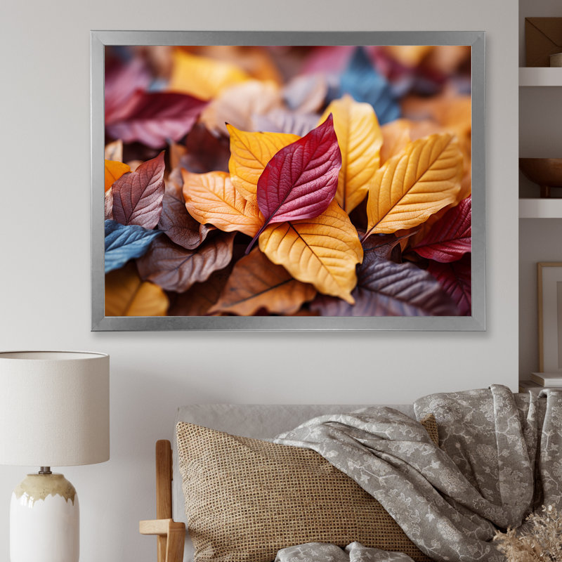 Orange orange, feuilles d'érable d'automne II - érable, art mural, Cadre de coin argenté fermé, H 12 po x l 20 po x P 1 po