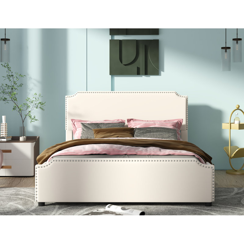 Lit plateforme tapissier avec rangement Ljubka, Beige