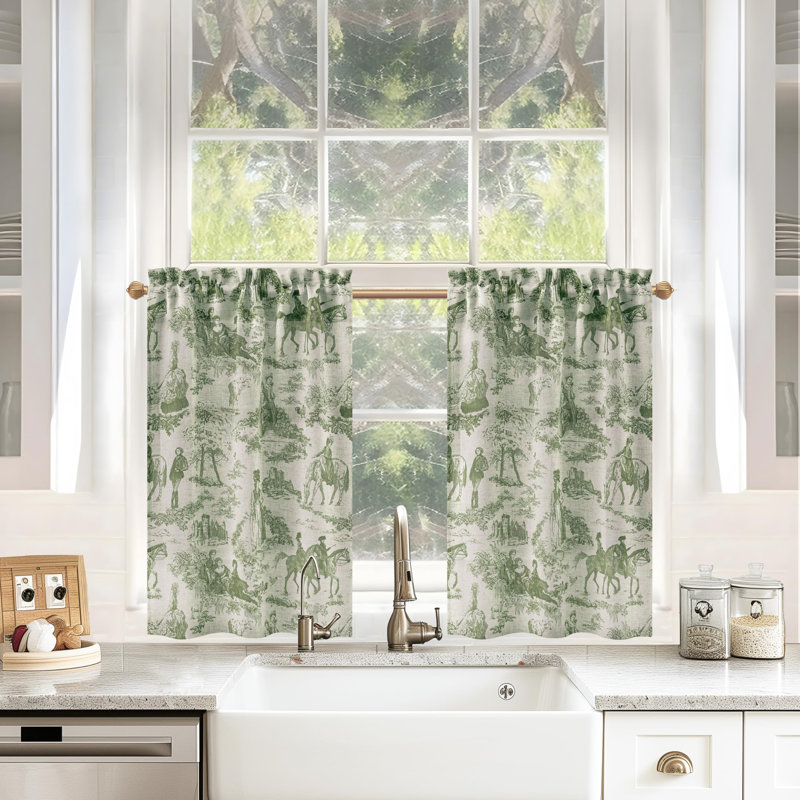 Kitchen Curtains Toile Tier Linen Short Curtains Cafe for Living Room Bathroom Farmhouse French Country Vintage Printed Pattern Rod Pocket 2 Panels