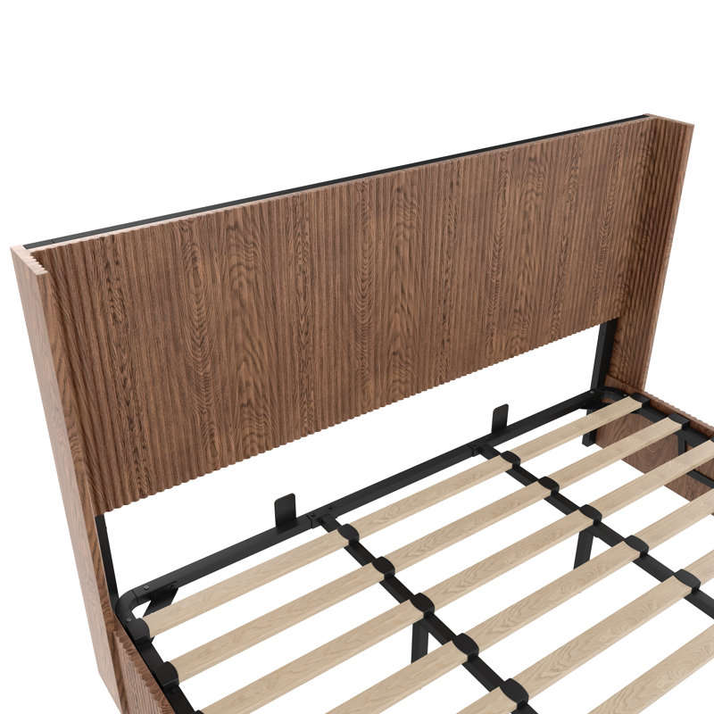 Grand cadre de lit avec rangement ondulé et ondulé, cadre de lit plateforme en bois avec rangement, aucun sommier requis / pas de bruit, bois naturel à lattes brun rustique