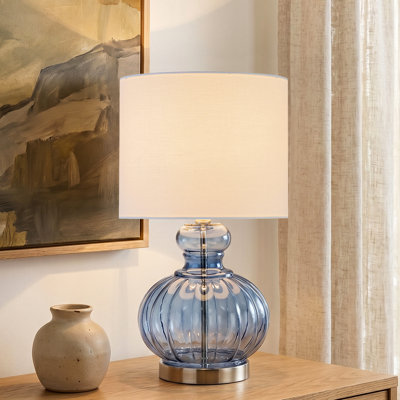 20.25” Blue Gourd Table Lamp With Glass Base And White Fabric Shade