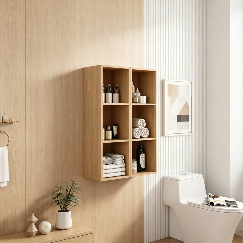 Armoire de rangement murale avec tablettes ouvertes, Naturel