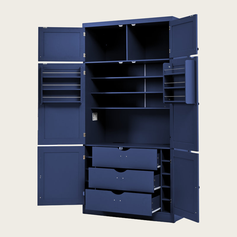 Armoire de cuisine autoportante de 80,1 po de hauteur avec prises de courant, rangement extra large, support à vin, tiroirs et tablettes réglables, armoire de style Shaker