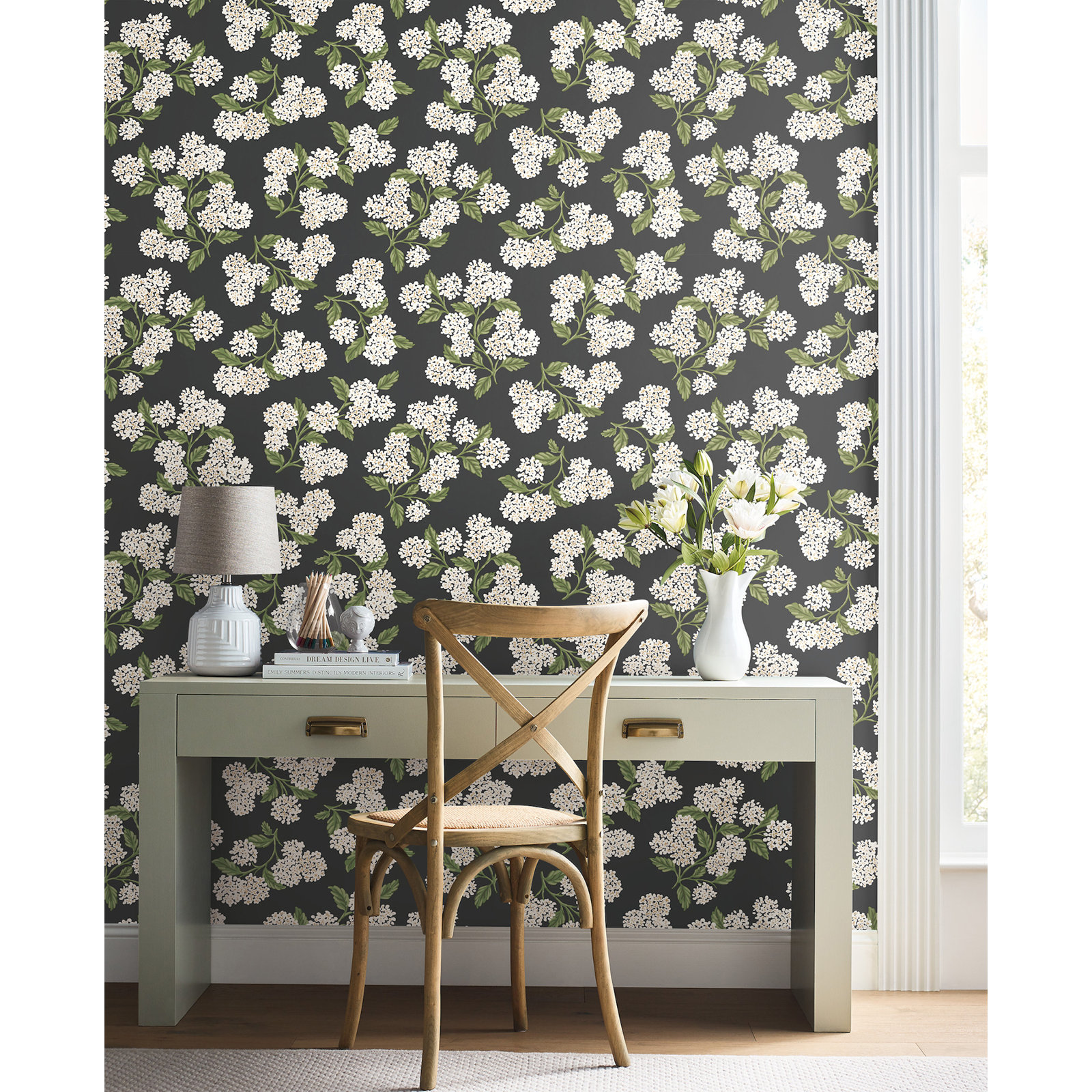 Hydrangea White Peel and Stick Wallpaper, Black