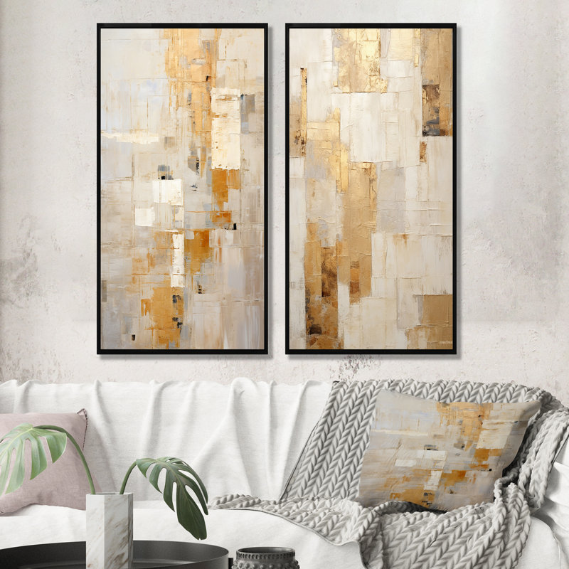 Ensemble de salon beige et doré Dream Collage - Formes abstraites, ensemble de 2, H 28 po x l 25 po, Cadre noir