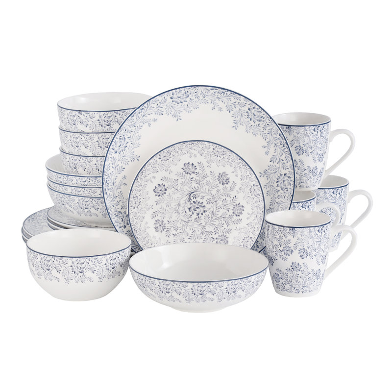 Service de vaisselle en porcelaine à motif floral bleu Lorren Home Trends, blanc, service pour 4, 20 pièces, assiettes, assiettes à salade, bols et tasses allant au micro-ondes et au lave-vaisselle.