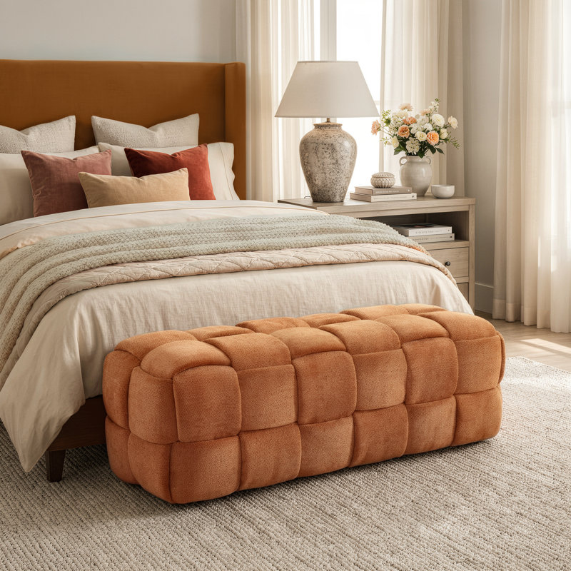 Bench Ottoman, Chenille Upholstered Footstool for Living Room and Bedroom, Rust, 17" H x 44.5: W x 17.7" D