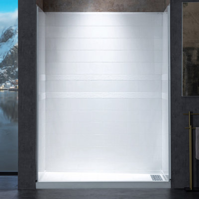 Solid Surface Shower Wall Panel Surround, High Gloss White Finish, Cuttable, Two Installation Methods (Screw Mounting or Glue-Up Design)