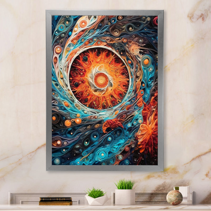 " Orange Turquoise Galactic Cosmic Universe ", Silver Picture Framed, 44" H x 34" W x 1.5" D