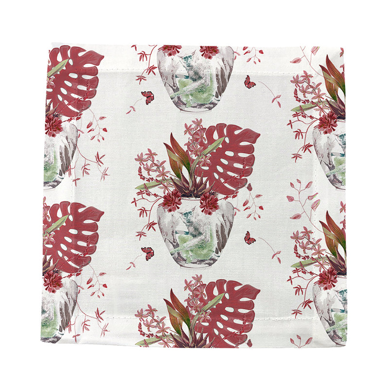 Monkey Small Jungle Cotton Sateen Cocktail Napkins, Rouge