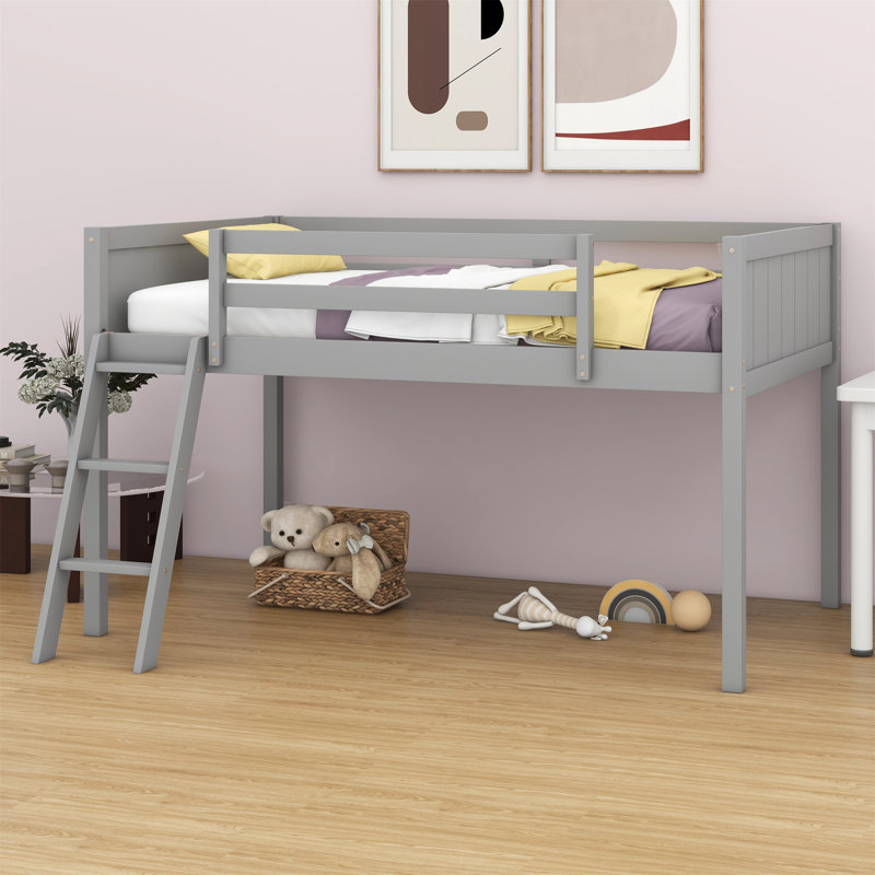 Lit mezzanine bas en bois avec échelle, l'échelle peut être placée à gauche ou à droite, Gris