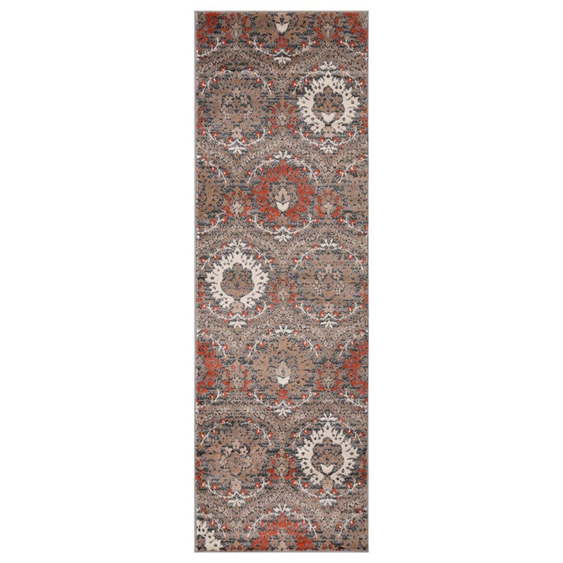 Tapis gris / rouge en polypropylène tissé à la machine 3 pi x 10 pi Floral, Tapis de couloir 2 pi 9 po x 10 pi