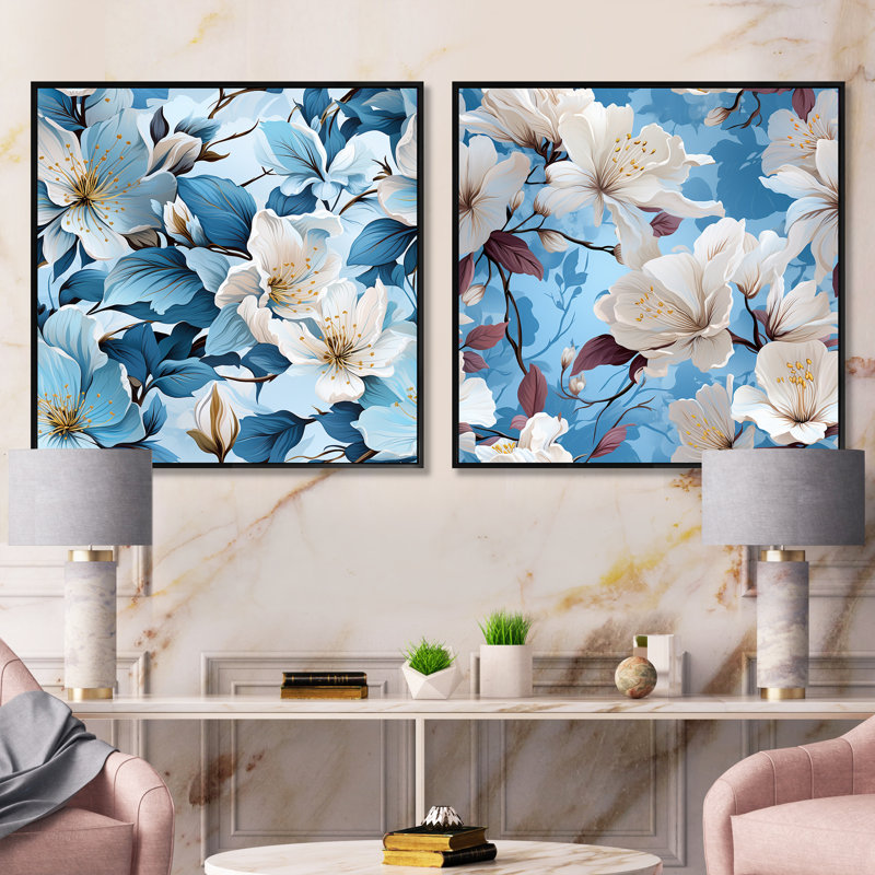Madeline - Ensemble de 2 collages carrés floraux, Cadre flottant noir, H 30 po x l 61 po