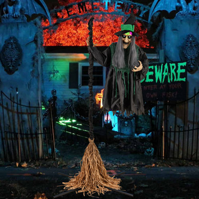 Witch With Broomstick Halloween Animatronic Life Size Animated Halloween Prop With Laughing And Screaming Sound Led Lights