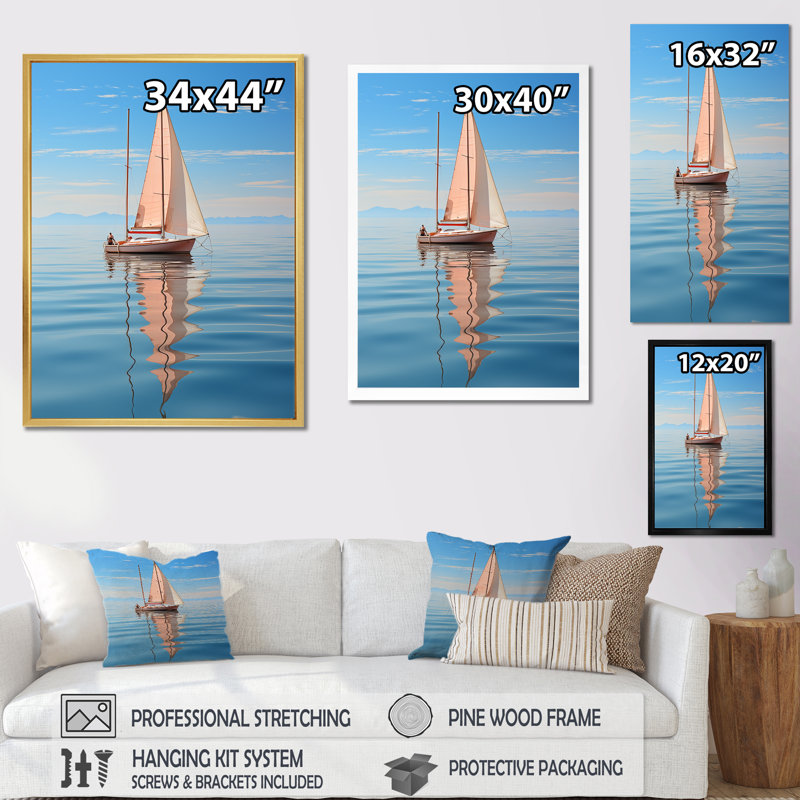 Coastal Calm Minimalisme, photo de voilier sur toile, H 40 po x l 30 po x P 1,5 po, Cadre flottant doré