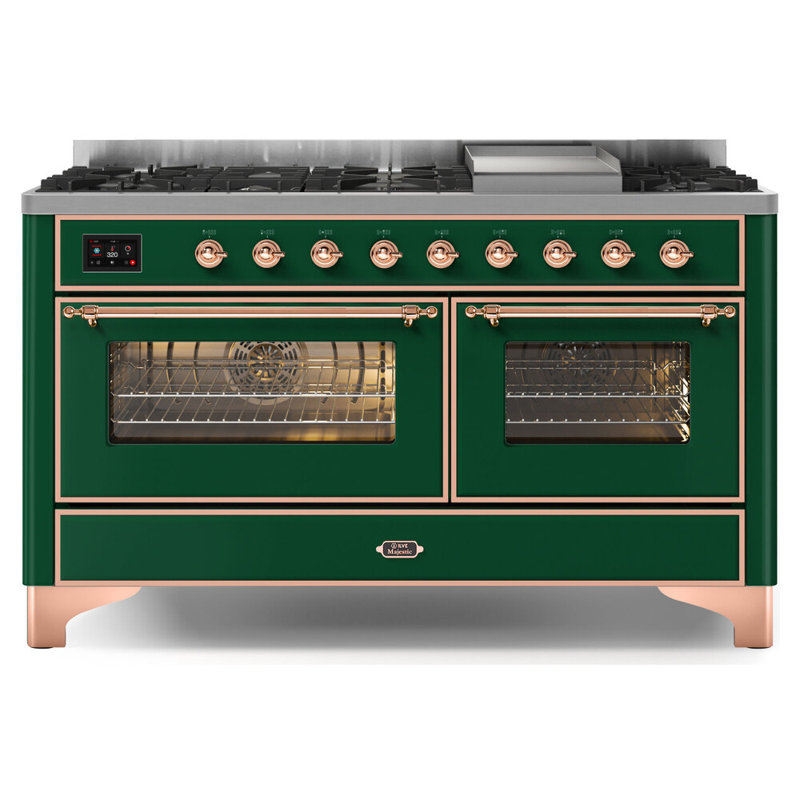 ILVE UM15FDNS3BGG Majestic II 60 inch Dual Fuel Range with 9 Burners, Griddle (Natural Gas, Triple Glass Door, Blue Grey, Brass)
