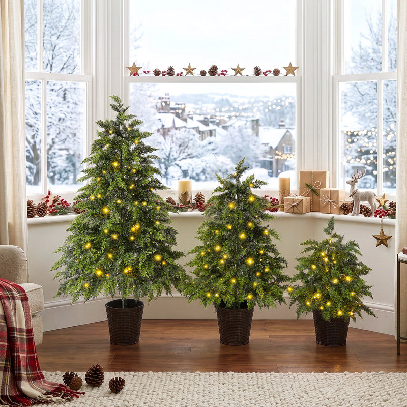 Ensemble de 3 sapins de Noël pré-illuminés de 60 cm, 90 cm et 120 cm avec lumières chaudes, pot robuste et branches retombantes pour une décoration de Noël à plusieurs niveaux