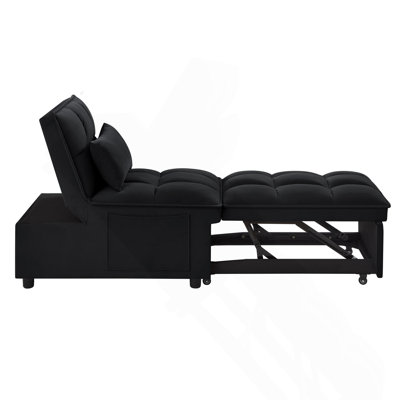 4-in1 Multi-Function Single Sofa Bed with Storage Pockets,Tufted Single Pull-out Sofa Bed with Adjustable Backrest and Pillows,Convertible Chaise Lounge,Black