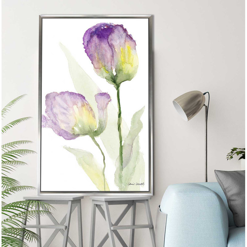 «Teal and Lavender Tulips II», reproduction de peinture à l'aquarelle, H 33,5 po x l 21,5 po x P 2 po, Cadre flottant argent