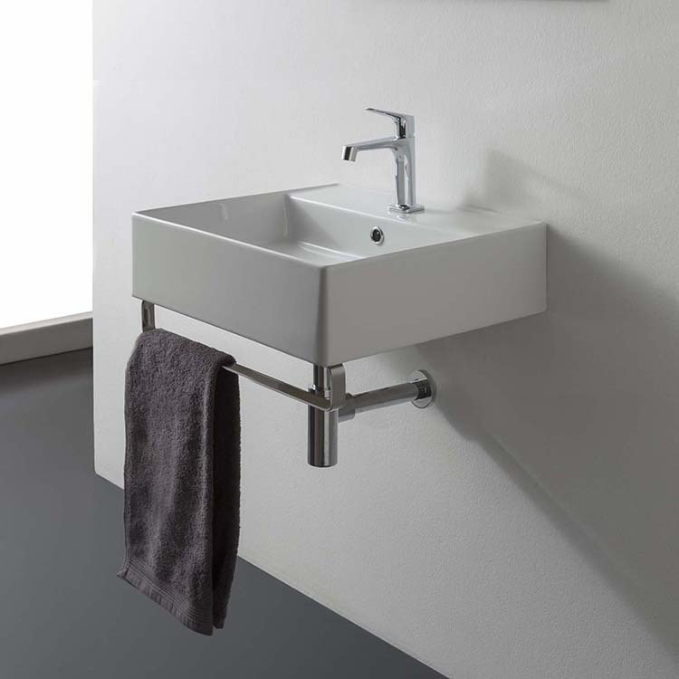 Lavabo de salle de bain mural rectangulaire en céramique blanche avec débordement Teorema, Monotrou