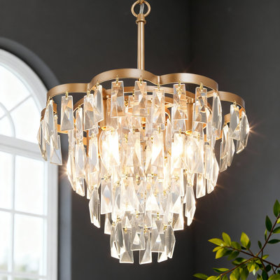 4-Light 14" Crystal Inverted Pyramid Chandelier with Gold Accents