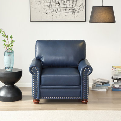 Living Room Chair With Construction, Navy Blue Faux Leather, Wood Legs Chair, Solid Legs, Comfortable