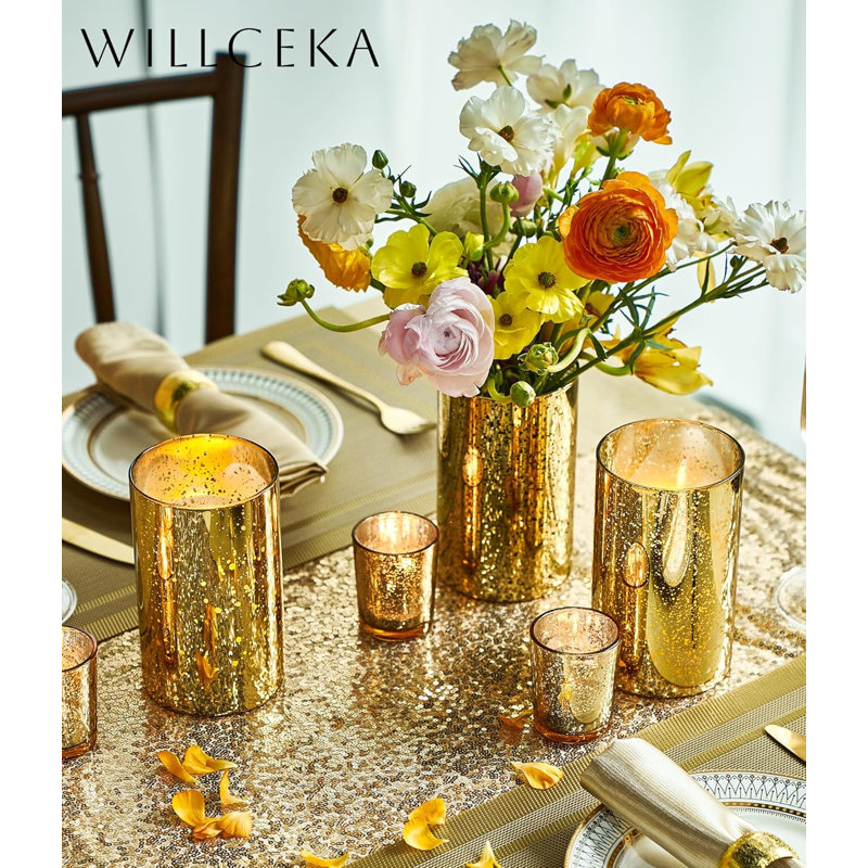 Vases cylindriques dorés pour centres de table, ensemble de vases en verre moderne pour porte-bougie de style ouragan fleurs pour porte-bougie pilier