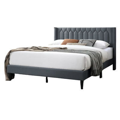 Modern Eye-Catching 1pc Full Size Bed Charcoal Burlap Fabric Unique Diamond Design Headboard Bedroom Furniture
