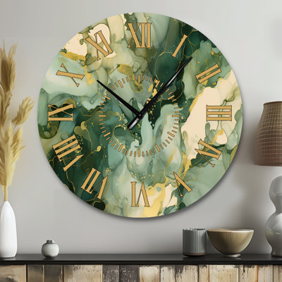 Green Luxury Abstract Fluid Art I - Fractals Golden Face Wall Clock