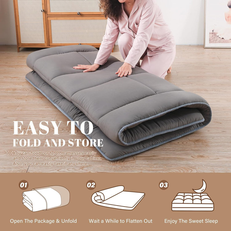 Japanese Floor Mattress Futon Mattress 3" Grey Tatami Mat Shredded Memory Foam Filled Sleeping Pad, Foldable & Portable Roll Up Lounger Camping Bed For Kids And Adult