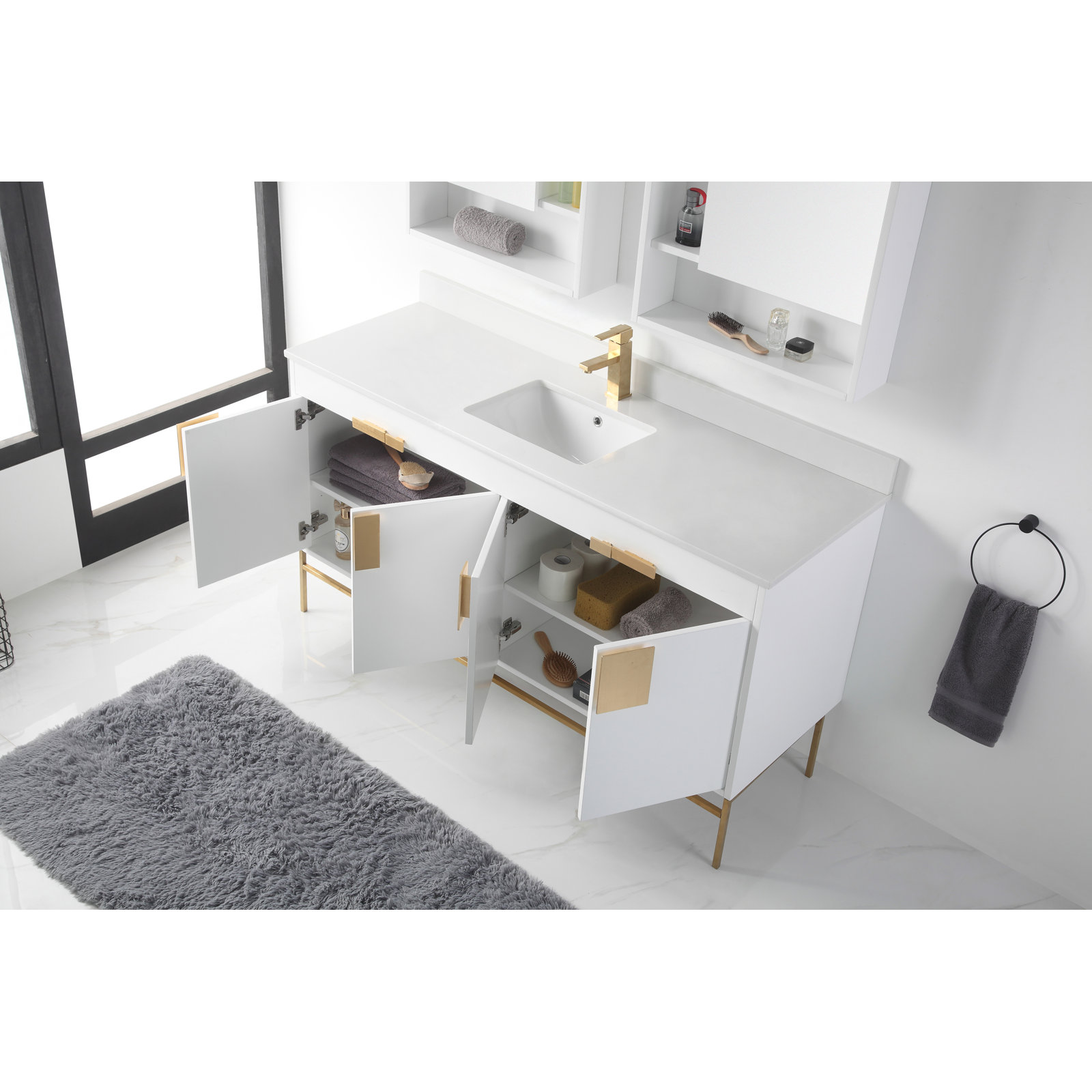 Maisie 60'' Single Bathroom Vanity, White, Satin Brass