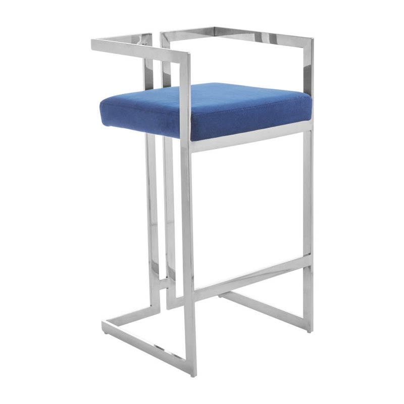 Carwell Upholstered Counter Stool with Metal Frame, Silver, Blue