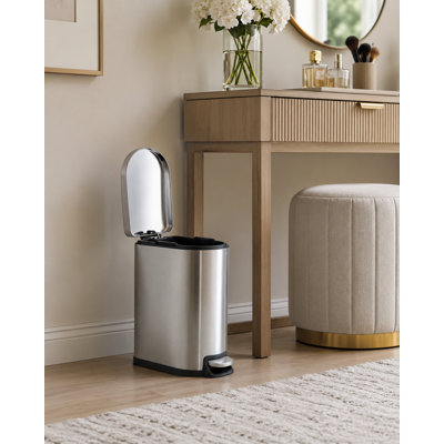 Silver Curved Stainless Steel 10L Pedal Trash Can with Removable Non-Slip Inner Bucket and Handle – Suitable for Kitchen, Bathroom, and Office