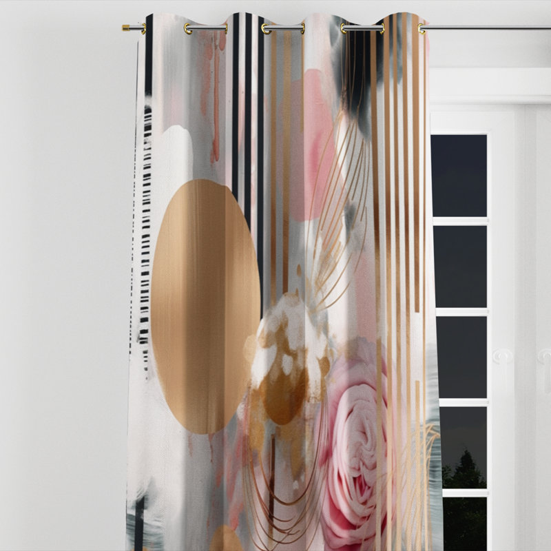 Aul - Abstract Floral Grommet Curtain - Velvet Room Darkening - 1 panel, 52" W x 108" L, Golden Grommets