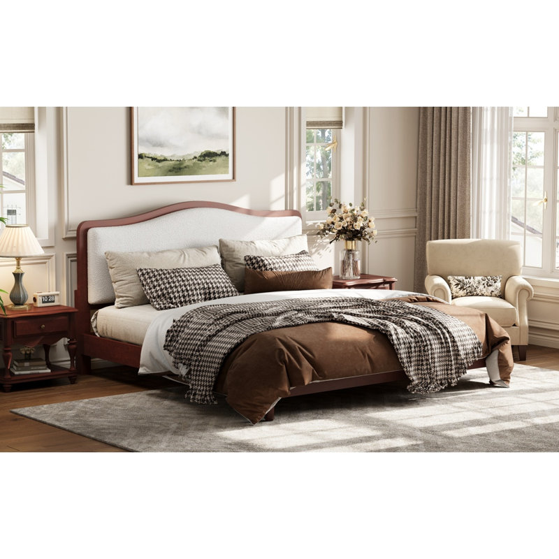 Lit plateforme très grand avec tête de lit tapissier, structure espresso et tissu blanc, Très grand lit, Espresso