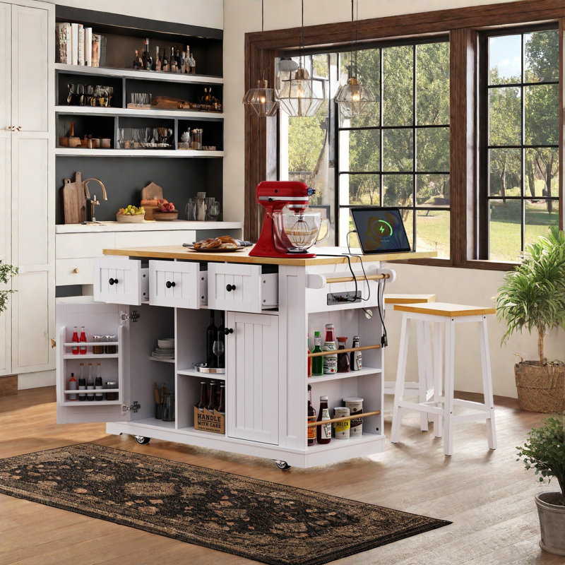 53 Inch Kitchen Island Set with Stools, Power Outlet, Storage, Wheels, and Drop Leaf, White