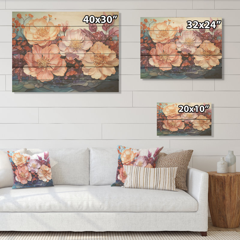 «Peach Hydrangea S Whispers», art mural en bois sur bois de pin naturel, H 10 po x l 20 po