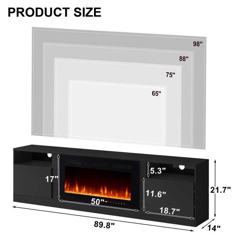 90" TV Stand with 50" WiFi Electric Fireplace Included, Modern Media Console Entertainment Center for Tvs Up To 100'', LED Lights, Storage Cabinets & Shelves