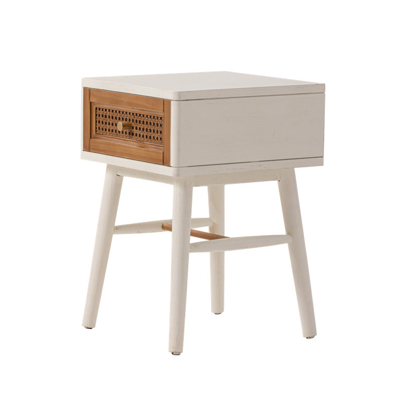 Aril Fully-Assembled Modern Farmhouse Woven Cane Nightstand, End Table with 1 Drawer, Distressed White/Brown
