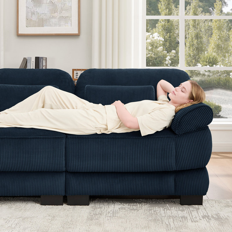Canapé modulaire en forme de L de 132 po, canapé de nuage avec repose-pieds et coussins amovibles, Velours côtelé bleu