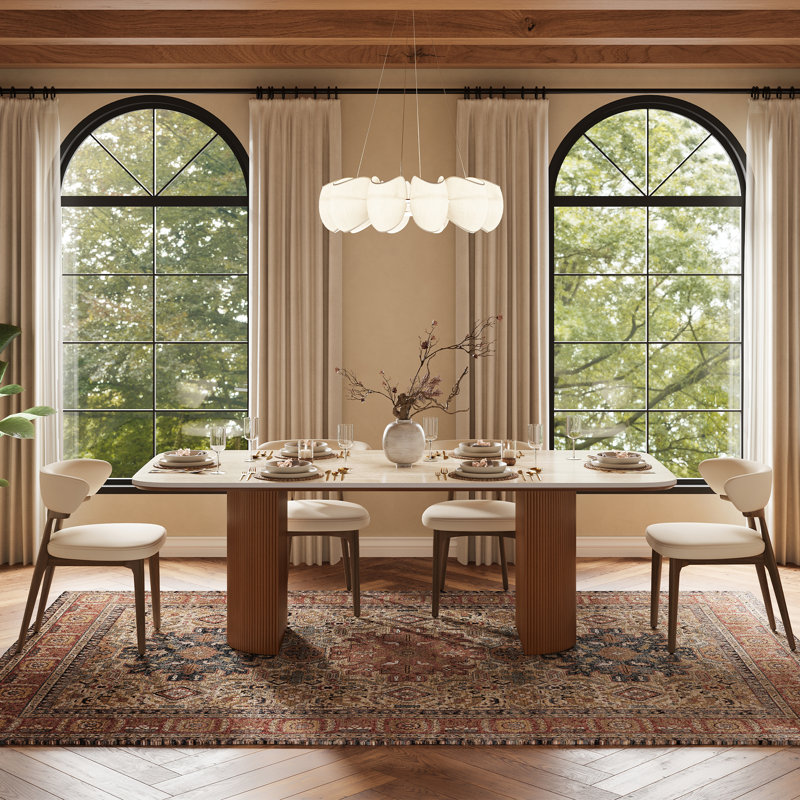 Noaah Modern Dining Table for 6, Travertine Texture Stone Tabletop, Wood Legs with Solid Wood Veneer, Beige/Brown