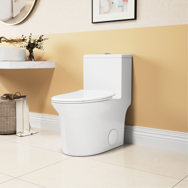 One White Ceramic Toilet, 1.1/1.6 Flush, Comfort Height, Soft Close Seat, And Flush One, 15.55 In White, &