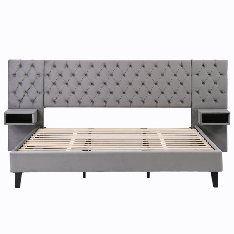 Modern King Size Bed With Headboard - Grey Velvet Upholstered, 2 Nightstands, Diamond , No Box Spring, Wood Construction, Quick Assembly Bedroom Trait Feature