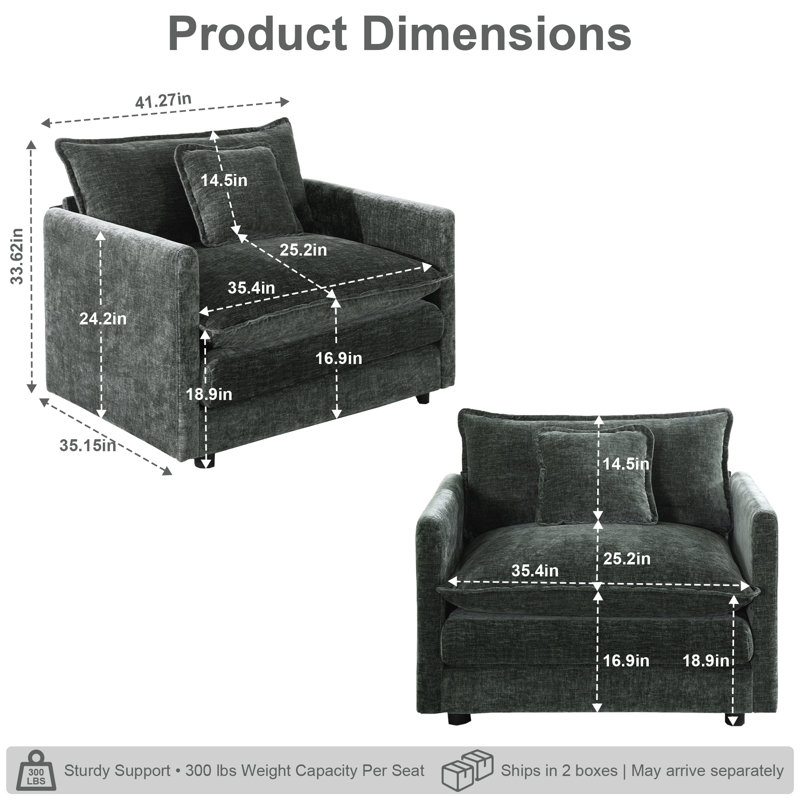 Canapé de 41 po à assise simple en chenille avec coussin profond et coussins décoratifs 41 po, Gris