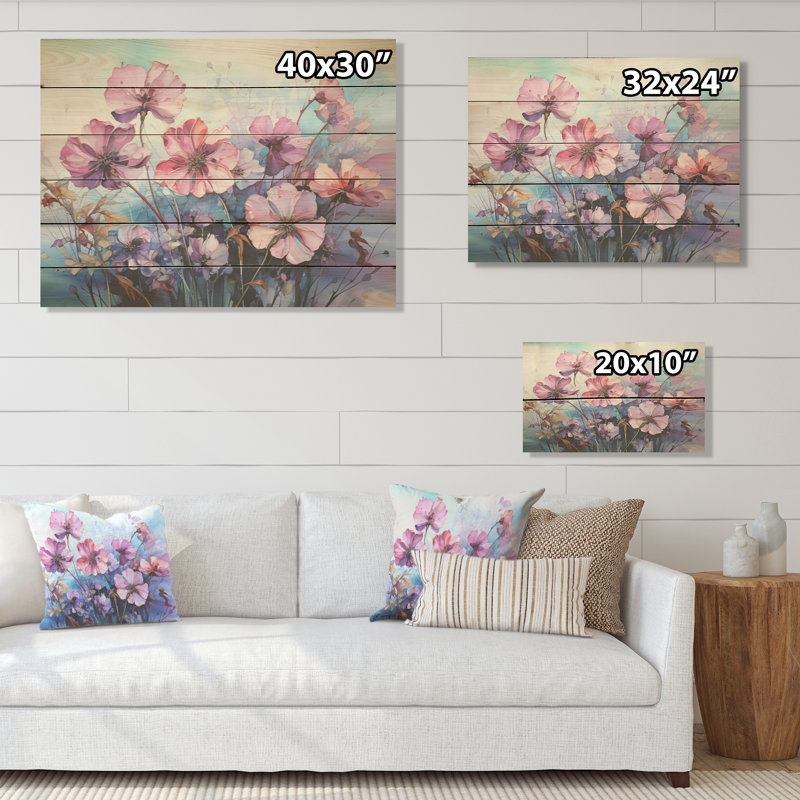 Fleurs d'hortensias roses et mauves - Art floral sur bois de pin naturel, H 10 po x l 20 po