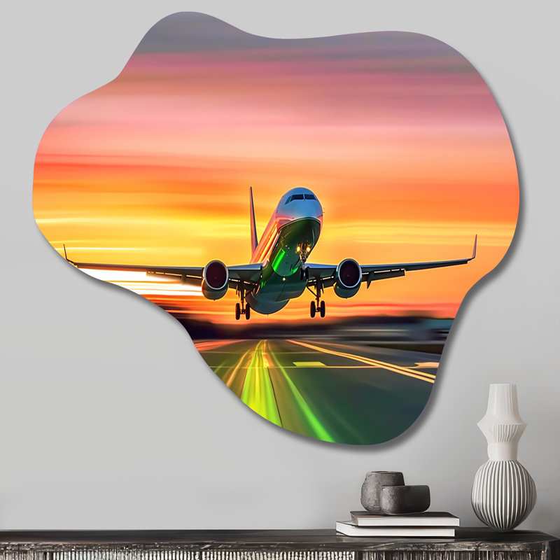 Coucher de soleil sur l'avion sur le tarmac II - art mural en métal avion nuage, sculpture murale asymétrique en métal