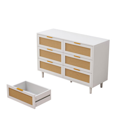 Multi purpose Rattan 6 Drawer Dresser,Modern Storage Cabinet with Wooden Legs