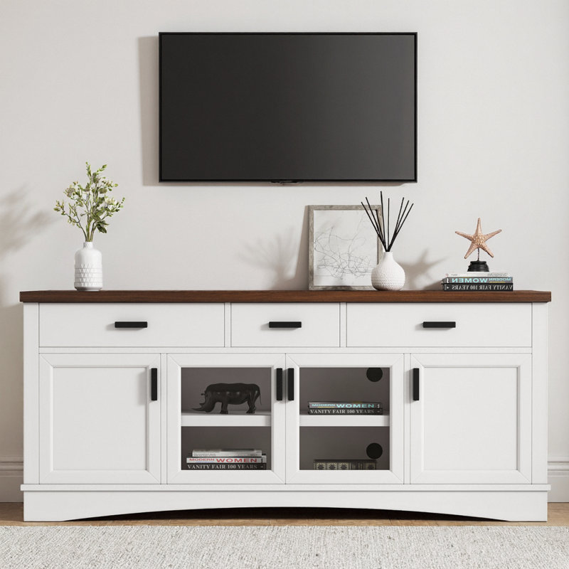 Meuble télé Alano de 67 pouces avec portes vitrées, 3 tiroirs et tablettes réglables, console multimédia pour écrans de 65 pouces