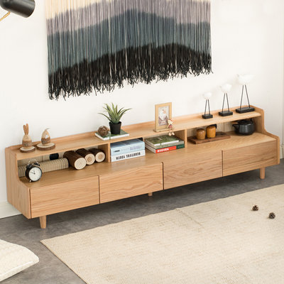 Multi‑Function Red Oak Wood TV Stand with Open and Closed Storage