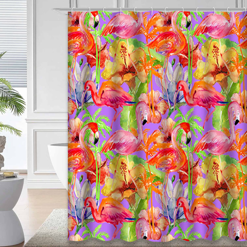 Flamants roses, fleurs exotiques, toile de fond aquarelle avec 12 crochets, L 72 po x l 72 po